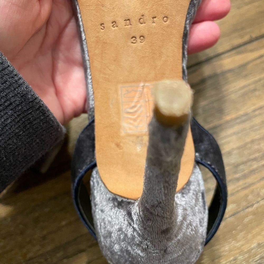 Sandro Nina Dark Blue Velvet T-Strap Sandal Stiletto Heels Size 8.5 Party City - Picture 10 of 11